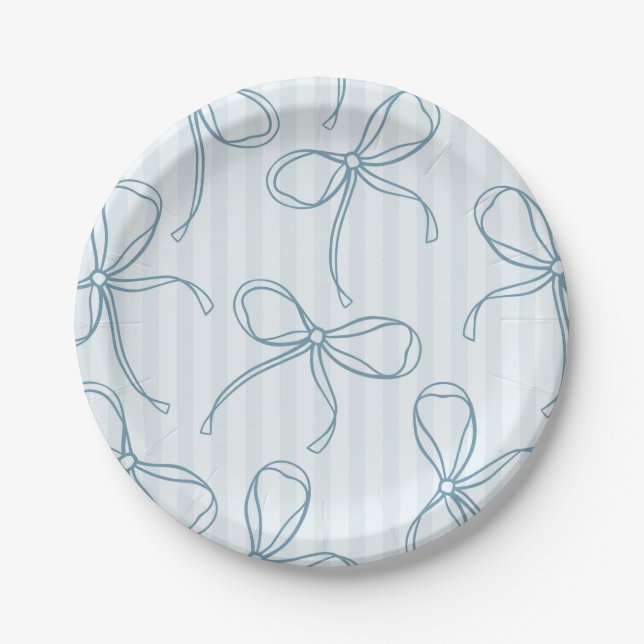 Blue Coquette Bow Pastel Striped Table Decor Paper Plate (Front)