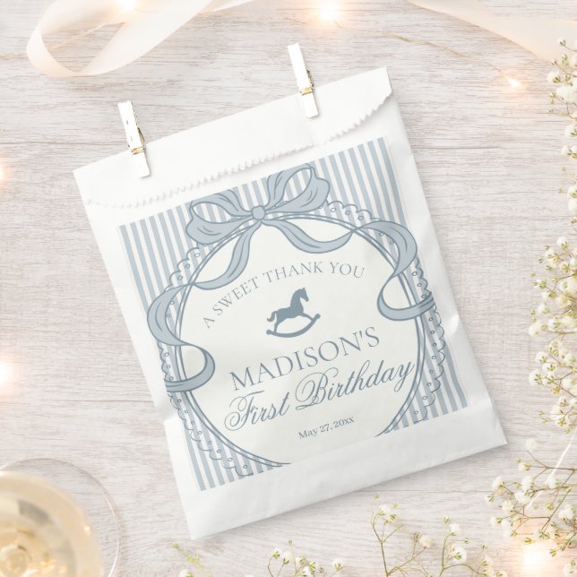 Blue Coquette Bow Rocking Horse Birthday Dessert Favour Bag (Clipped)