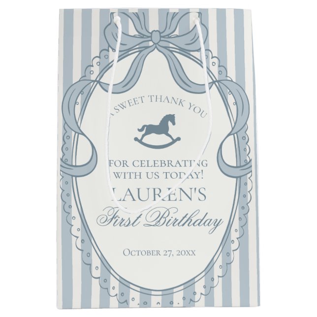 Blue Coquette Bow Rocking Horse Birthday Favors Medium Gift Bag (Front)