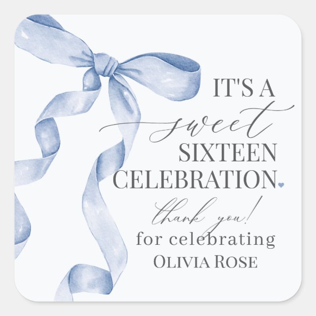 Blue Coquette Bow Sweet 16 Birthday Party Favour Square Sticker (Front)