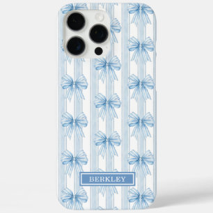 Blue Coquette Bows on Stripes Monogrammed iPhone 16 Pro Max Case