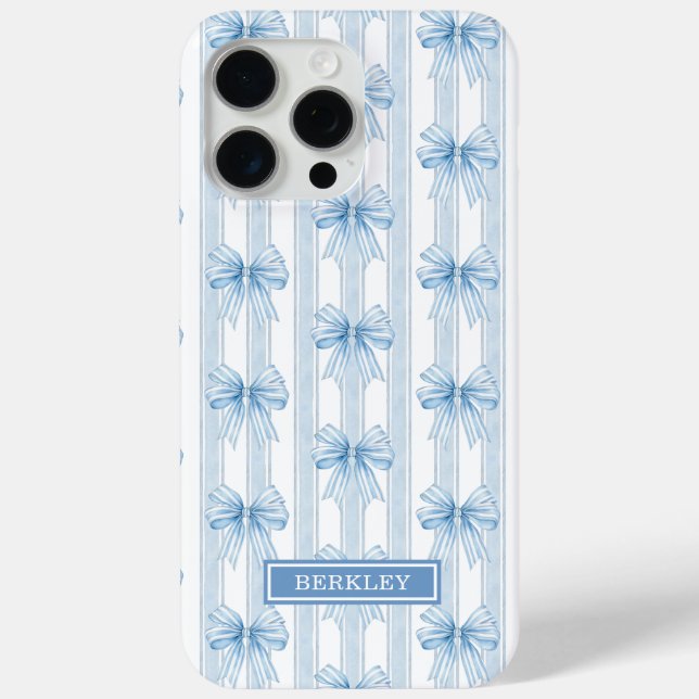 Blue Coquette Bows on Stripes Monogrammed Case-Mate iPhone Case (Back)