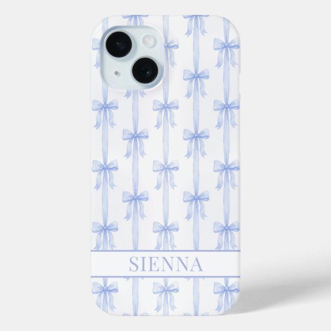 Blue Coquette Bows Striped Monogrammed Case-Mate iPhone Case (Back)