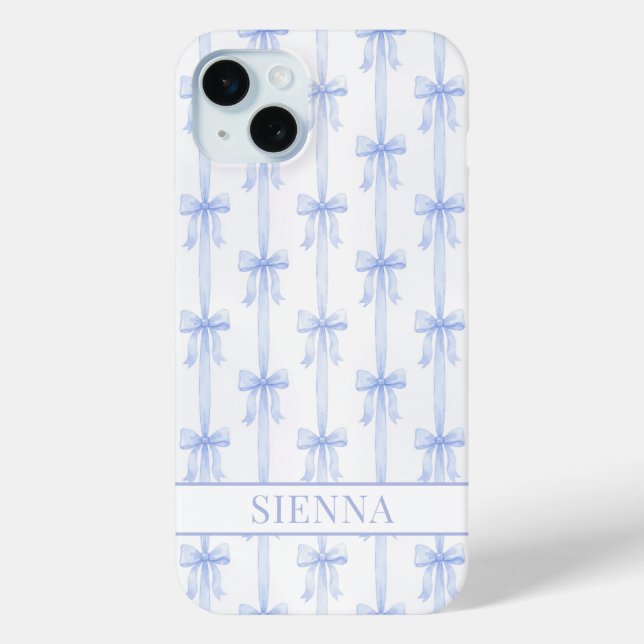 Blue Coquette Bows Striped Monogrammed Case-Mate iPhone Case (Back)