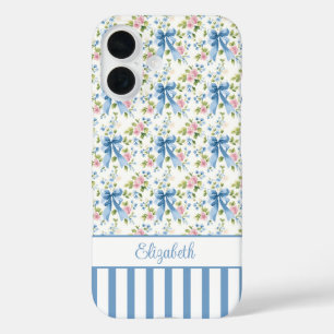 Blue Coquette Bows With Flowers Monogrammed iPhone 16 Case