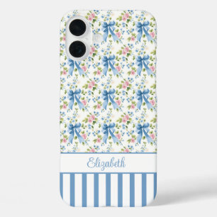 Blue Coquette Bows With Flowers Monogrammed iPhone 16 Plus Case