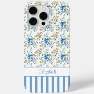 Blue Coquette Bows With Flowers Monogrammed  iPhone 15 Pro Max Case