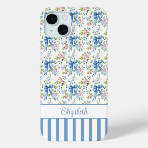 Blue Coquette Bows With Flowers Monogrammed iPhone 15 Mini Case