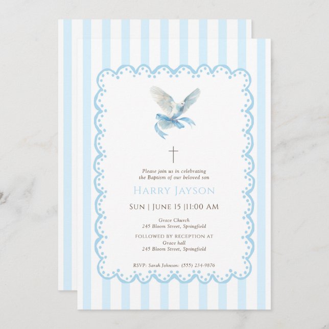 Blue coquette Dove Baptism Invitation (Front/Back)