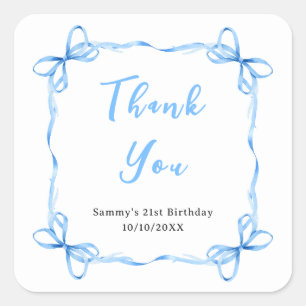 Blue Coquette Ribbon Birthday Party Thank You Square Sticker