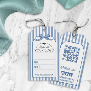 Blue Coquette Stripes & Bow Handdrawn Your Logo Gift Tags