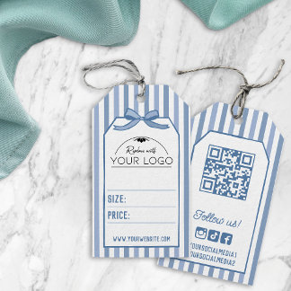 Blue Coquette Stripes & Bow Handdrawn Your Logo Gift Tags