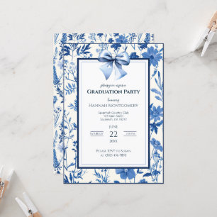 Blue Coquette Toile Bow Graduation Invitation
