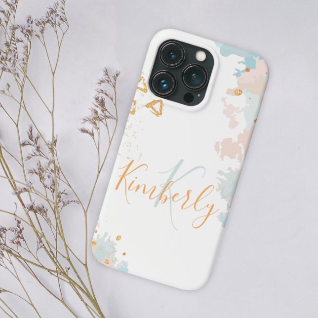 Blue Coral Abstract Marble Gold Monogram Name Case-Mate iPhone Case (Creator Uploaded)