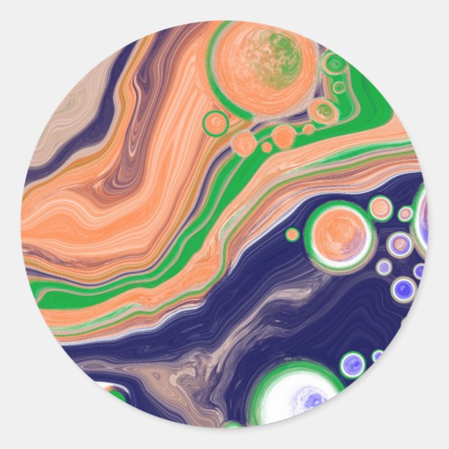 Blue, Coral and Green Pour Painting Fluid Art   Classic Round Sticker (Front)