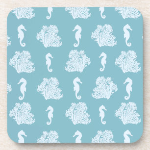 Blue Coral and Seahorses Coastal Beach Coaster