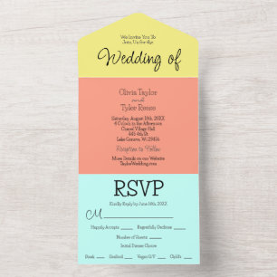 Blue, Coral and Yellow Minimalist Modern Wedding All In One Invitation