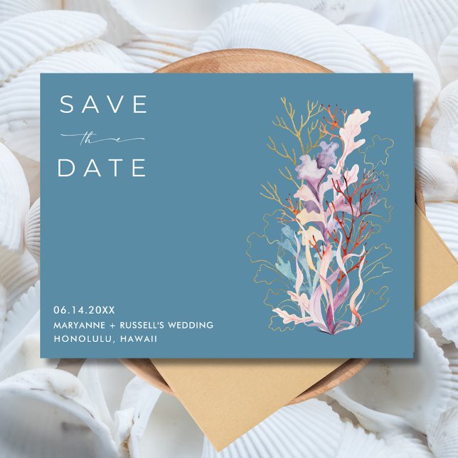 Blue Coral Beach Wedding Save the Date Announcement Postcard (Blue Coral Beach Wedding Save the Date Postcard)