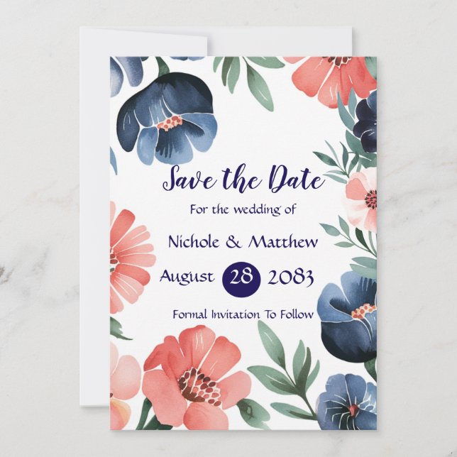 Blue & Coral Bouquet Wedding Save the Date Cards (Front)