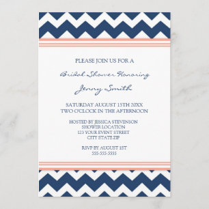 Blue Coral Chevron Bridal Shower Invitation Cards