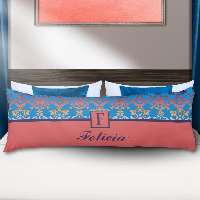 Blue Coral Damask Monogram Personalized Name Body Pillow (Creator Uploaded)