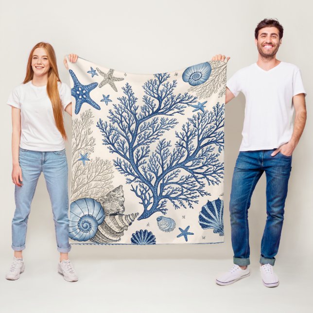 Blue Coral Fleece Blanket – Coastal Ocean Throw  (In Situ)