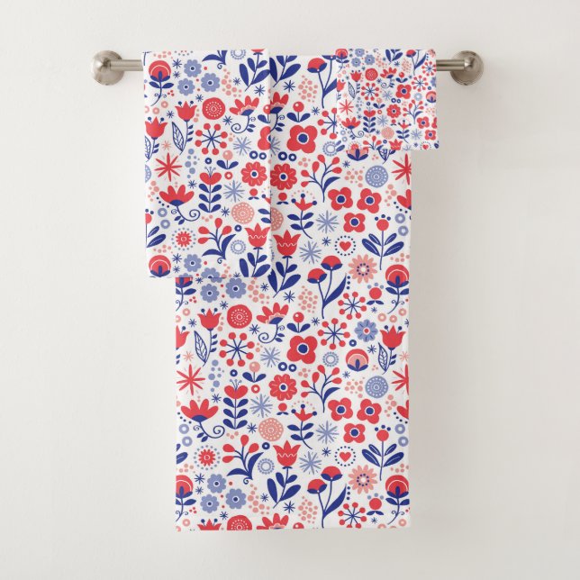 Blue & Coral Floral Pattern Bath Towel Set (Insitu)