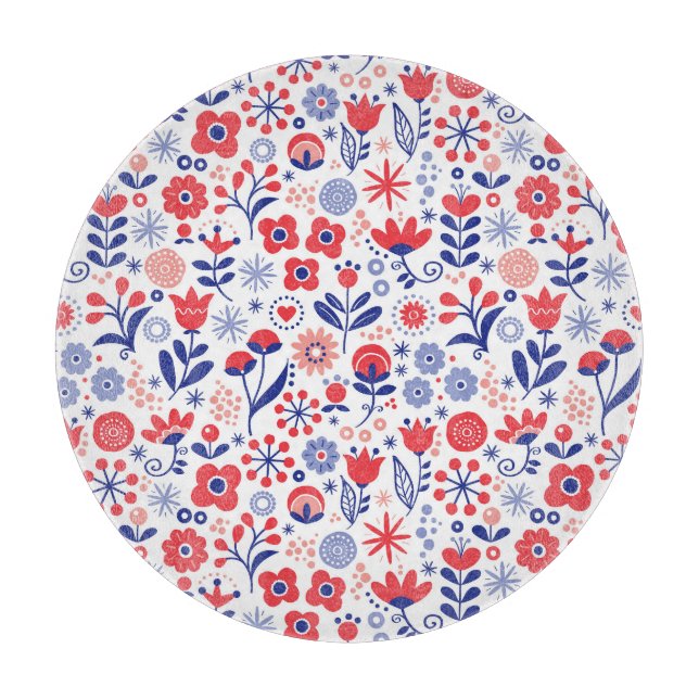 Blue & Coral Floral Pattern Cutting Board (Front)