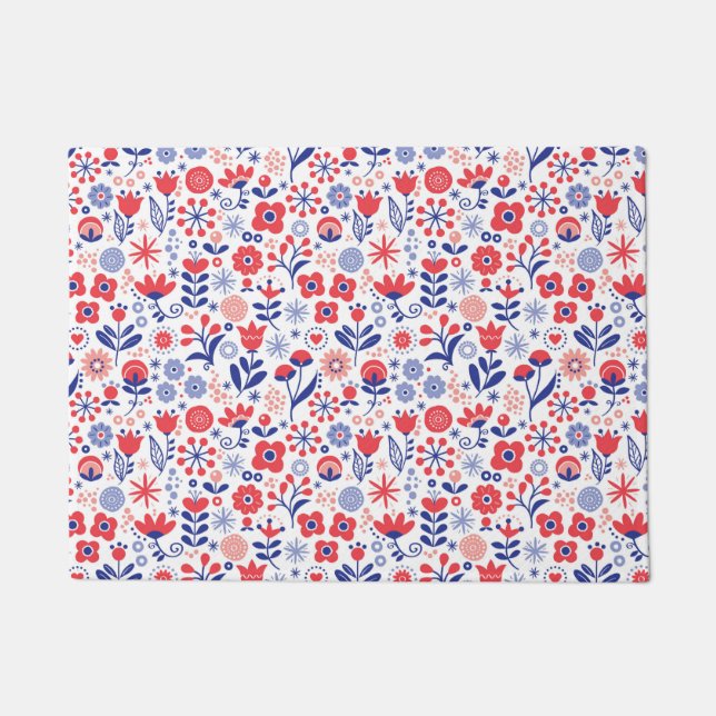 Blue & Coral Floral Pattern Doormat (Front)