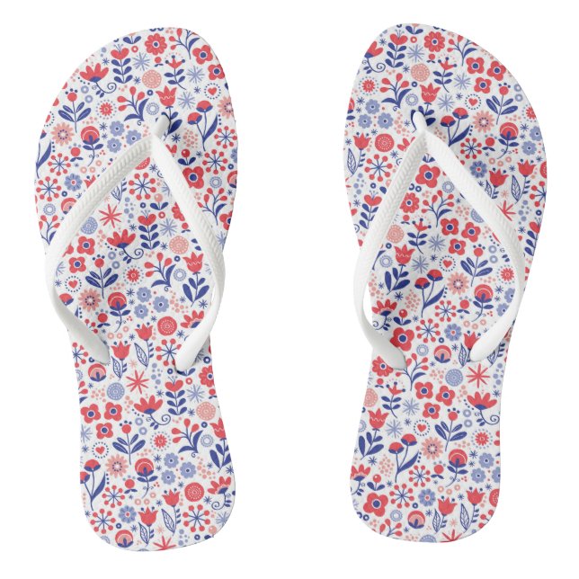Blue & Coral Floral Pattern Flip Flops (Footbed)