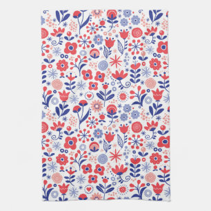 Blue & Coral Floral Pattern Kitchen Towel