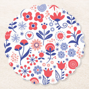 Blue & Coral Floral Pattern Paper Coaster