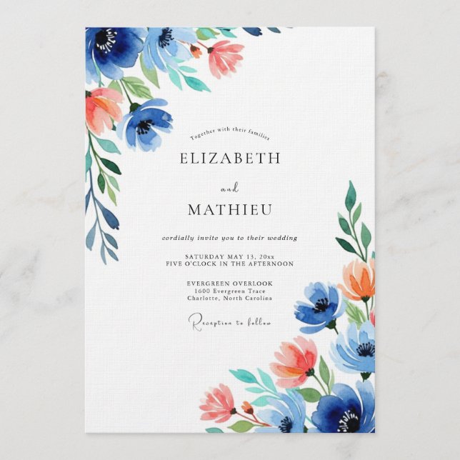 Blue Coral Floral Wedding Invitation (Front)