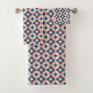 Blue & Coral Geometric Pattern Bath Towel Set