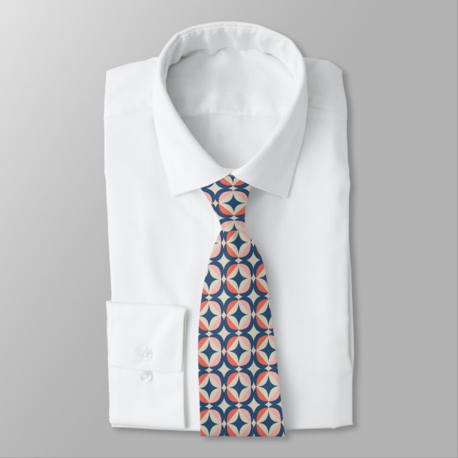 Blue & Coral Geometric Pattern Tie (Tied)