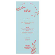 Blue Coral Gold Leaf Wedding Event Menu Flat Card