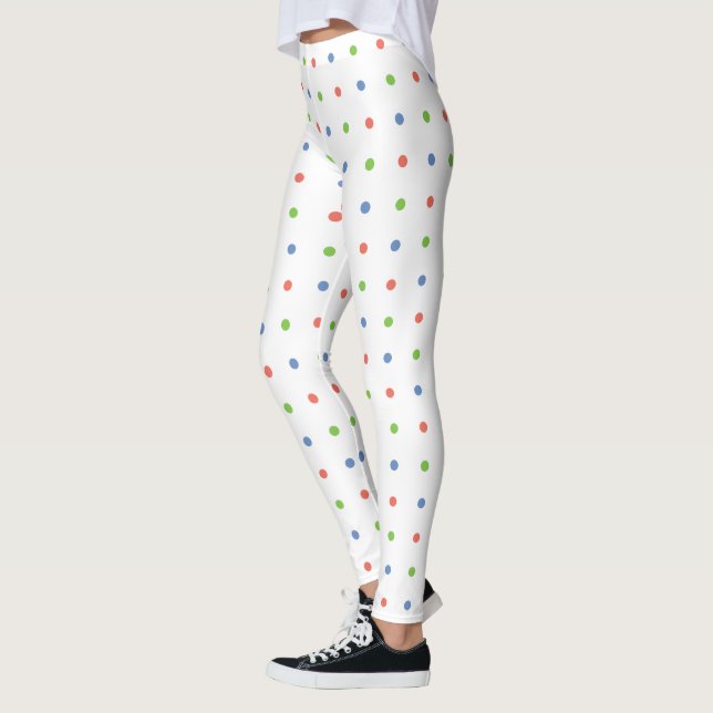 Blue Coral Green Polka Dot Pattern on White Leggings (Left)
