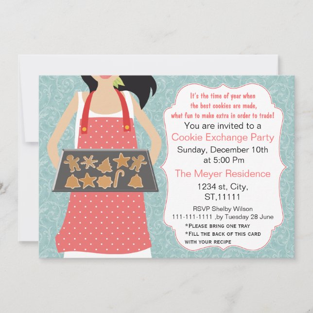 Blue coral Holiday Cookie swap Invite recipe card (Front)
