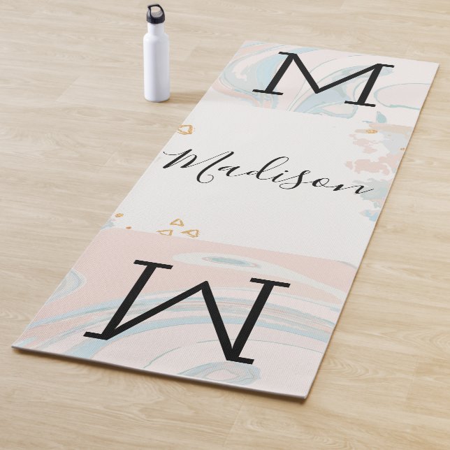 Blue Coral Marble Trendy Monogram Yoga Mat (In Situ)