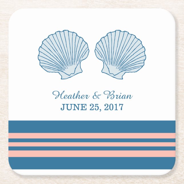 Blue Coral Nautical Seashells Paper Coasters (Front)