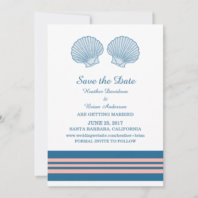 Blue Coral Nautical Seashells Save the Date Invite (Front)