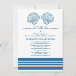 Blue Coral Nautical Seashells Wedding Invite