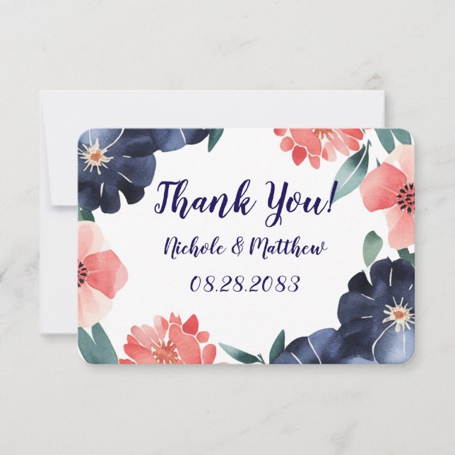 Blue & Coral Paint Bouquet Wedding Thank You Card (Front)