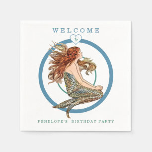 Blue Coral Peach Adorable Mermaid Birthday Party Napkin
