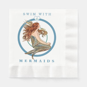 Blue Coral Peach Adorable Mermaid Birthday Party Napkin