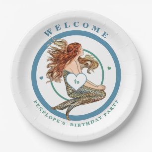 Blue Coral Peach Adorable Mermaid Birthday Party Paper Plate