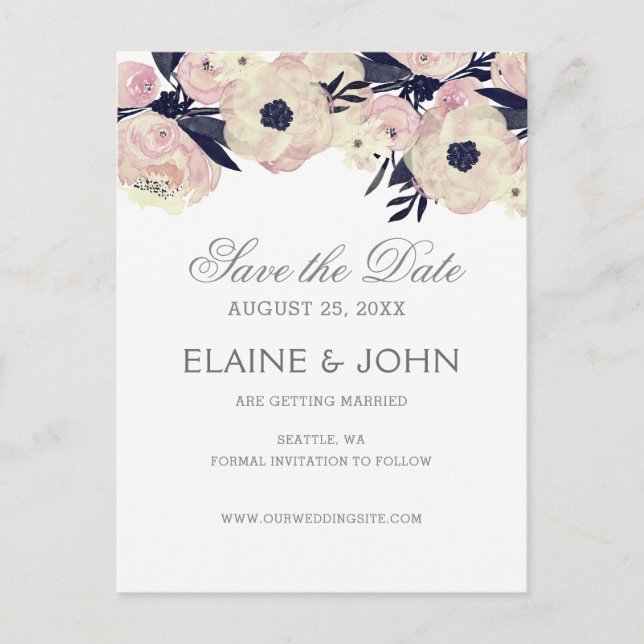 Blue & Coral Pink Floral wedding save the dates Announcement Postcard (Front)