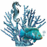 Blue Coral Reef Ornament Photo Sculpture Ornament<br><div class="desc">Acrylic photo sculpture ornament of blue coral sheltering a gleaming blue seahorse and a beautiful blue fish with light blue topaz air bubbles. See matching acrylic photo sculpture pin,  keychain,  magnet and sculpture. See the entire Under the Sea Ornament collection in the SPECIAL TOUCHES | Party Favours section.</div>