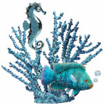 Blue Coral Reef Pin Photo Sculpture Button<br><div class="desc">Acrylic photo sculpture pin of blue coral sheltering a gleaming blue seahorse and a beautiful blue fish with light blue topaz air bubbles. See matching acrylic photo sculpture keychain, magnet, ornament and sculpture. See the entire Under the Sea Buttons & Pins collection in the SPECIAL TOUCHES | Party Favours section....</div>
