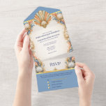 Blue Coral Seashell Wedding Card Coastal Luxury<br><div class="desc">This design has a detailed clam seashell in ivory, champagne, coral, and soft blue at the top and along the sides which add a gentle coastal touch to this luxurious and elegant all-in-one invitation that has a tear off rsvp section for guests to confirm attendance and numbers. It works beautifully...</div>